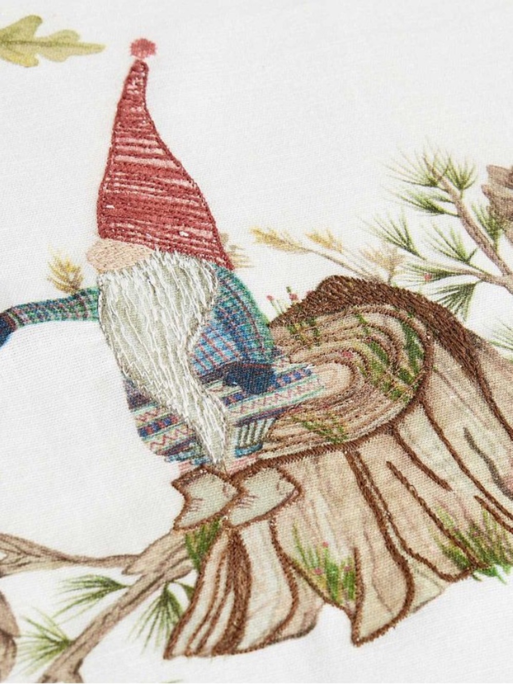 Pottery Barn Embroidered Gnome Table Throw - White with Red and Brown Accents